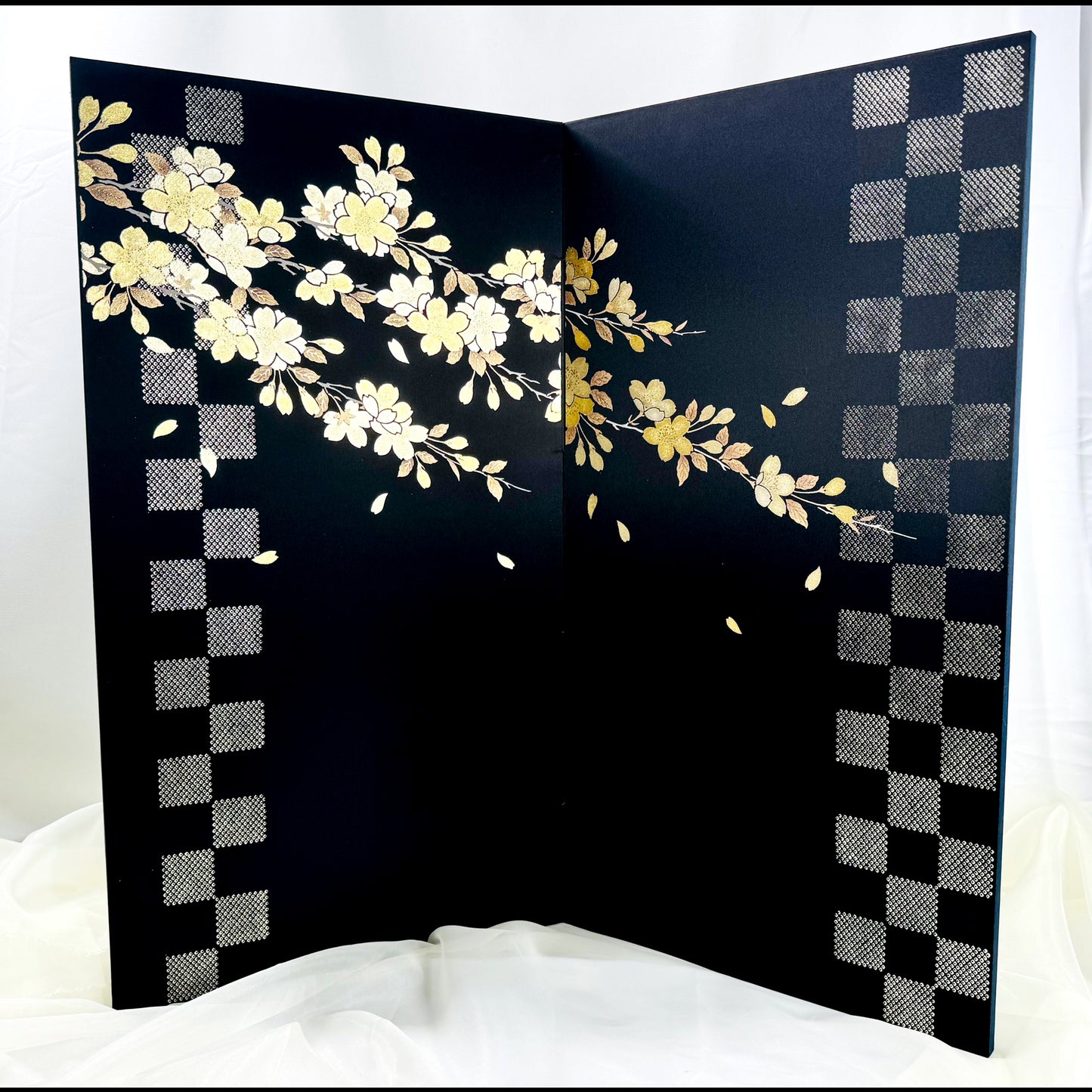 Byōbu Folding Screen with Sakura Blossom and Checkerboard Design 01