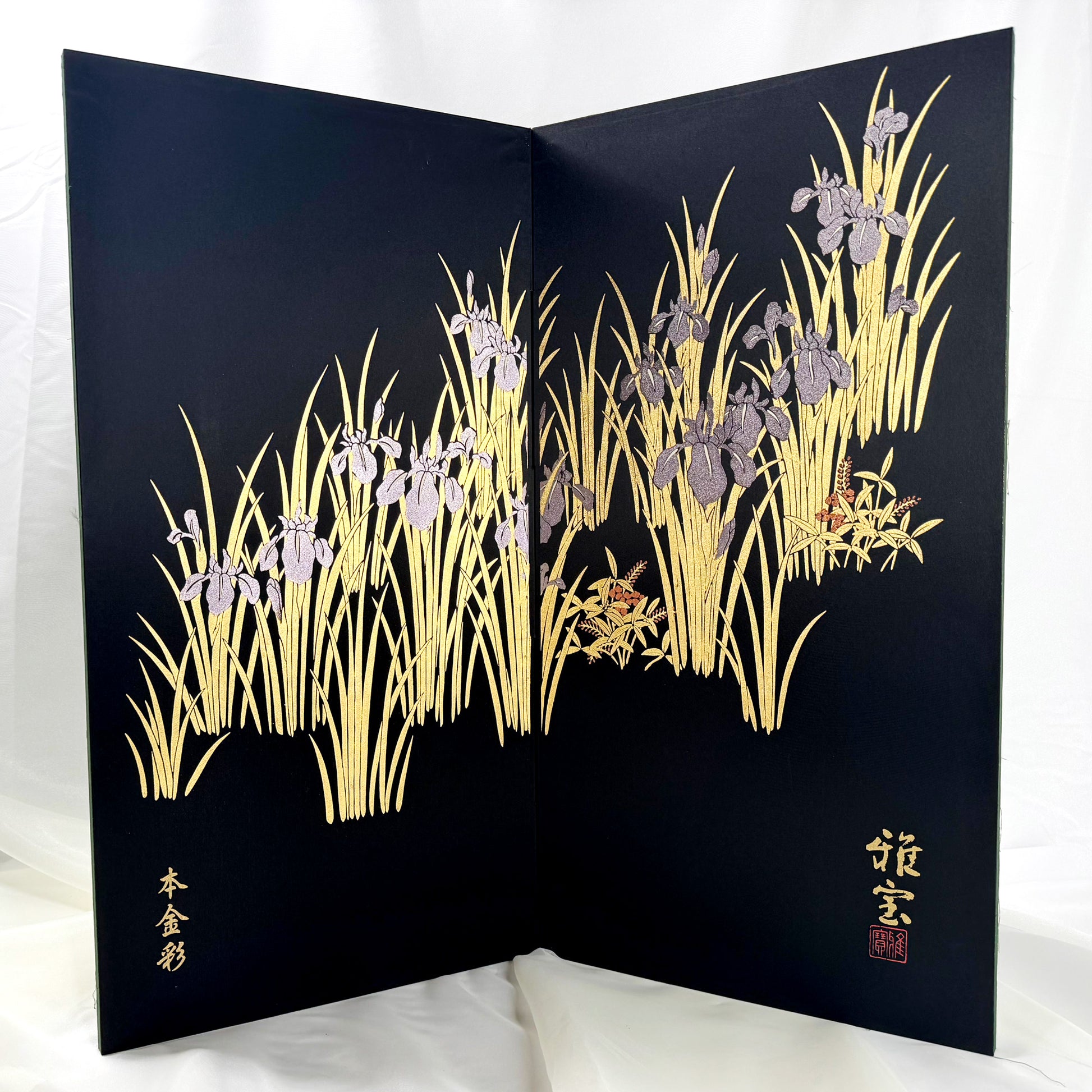 Gold-Embellished Folding Screen with Iris Motif by Gahou 01