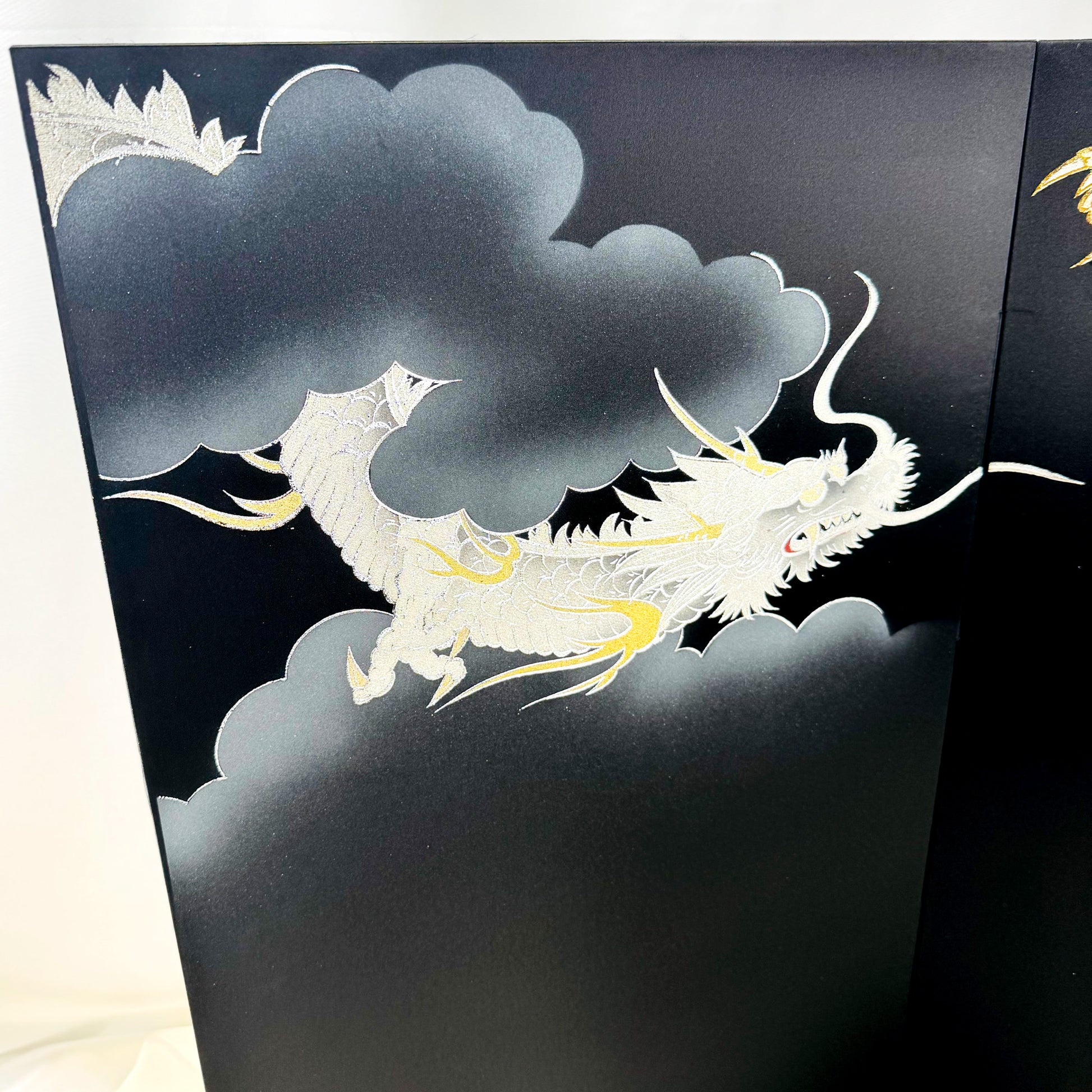 Gold & Silver Dragons Folding Screen by Gahou | Byōbu with Genuine Gold Detailing 02
