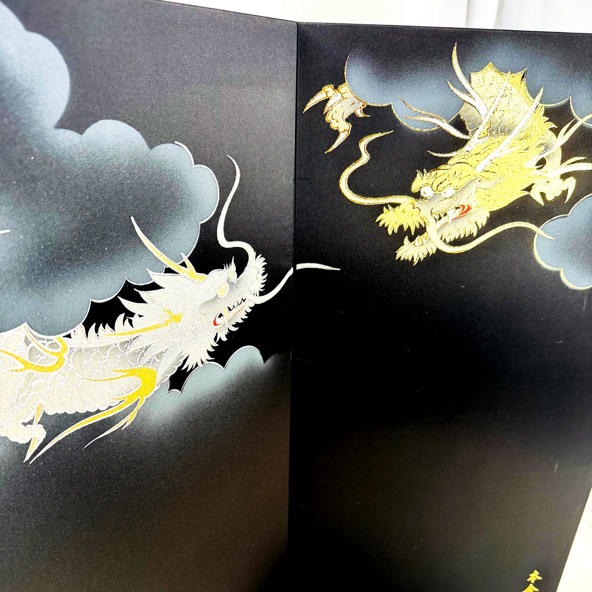 Gold & Silver Dragons Folding Screen by Gahou | Byōbu with Genuine Gold Detailing 04