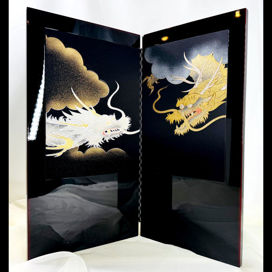 Gold and Silver Dragon Lacquered Folding Screen 01