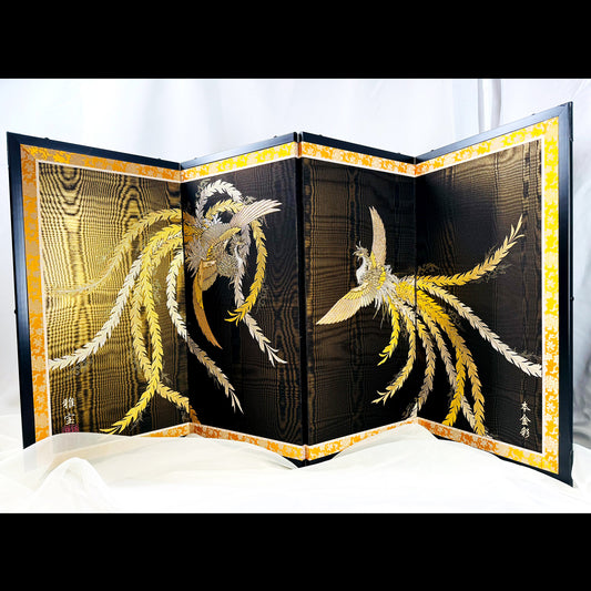 Traditional Japanese Folding Screen (Byōbu) – Phoenix Design, Gold Decoration 01