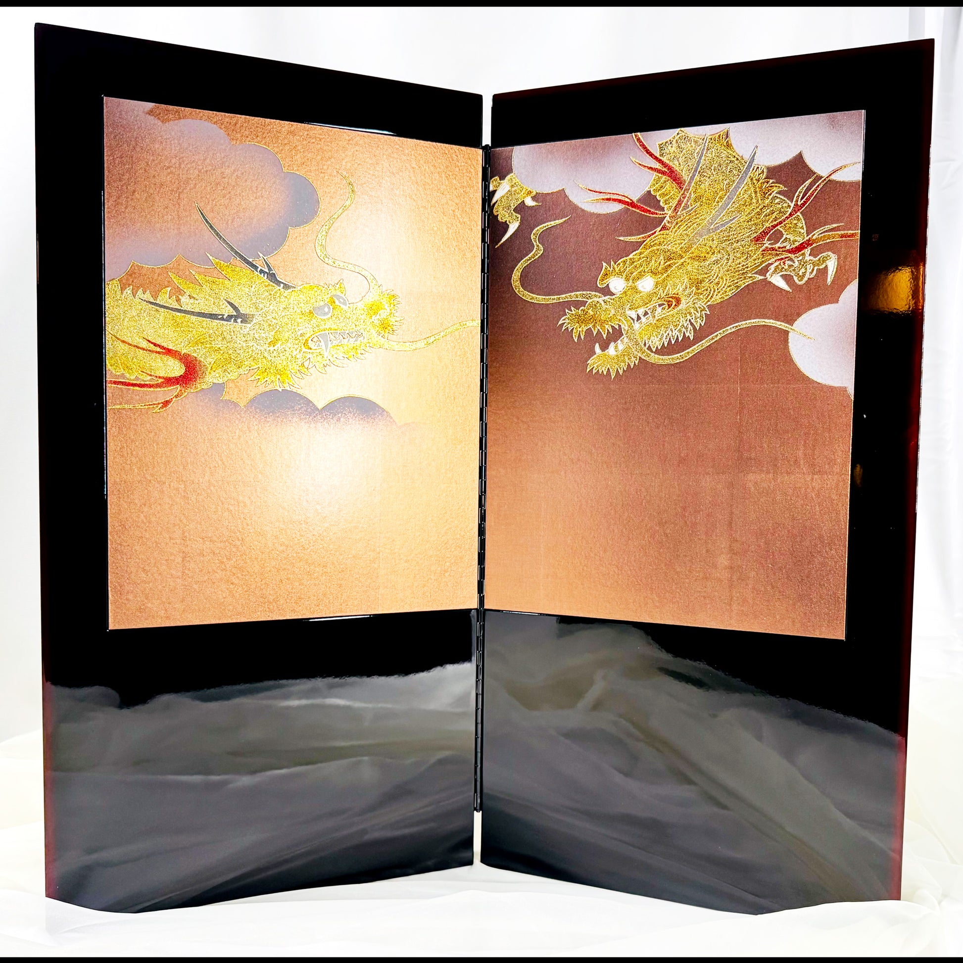 Twin Dragon Folding Screen Byōbu – Two-Panel Enamel Finish 01