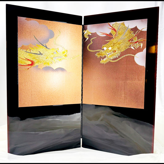Twin Dragon Folding Screen Byōbu – Two-Panel Enamel Finish 01