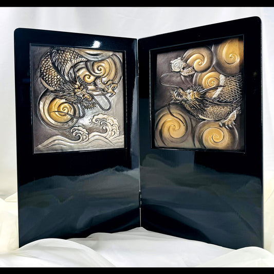 Twin Dragon Relief Folding Screen Byōbu – Enamel Finish 01