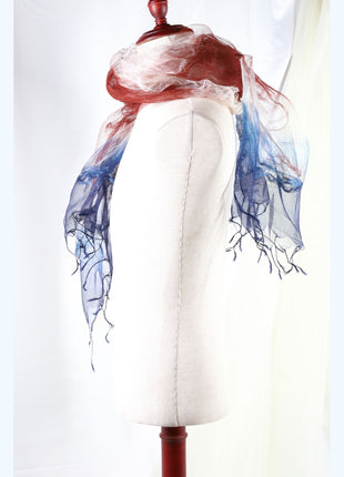 Amami Mud & Indigo Dyed 100% Silk Chiffon Stole / Scarf - Tricolor Gradient (70 x 180 cm)