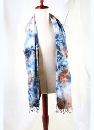 Amami Mud & Indigo Tie-Dyed Cotton-Linen Stole / Scarf with Fringe - Blue, Terracotta & White (50 x 170 cm)