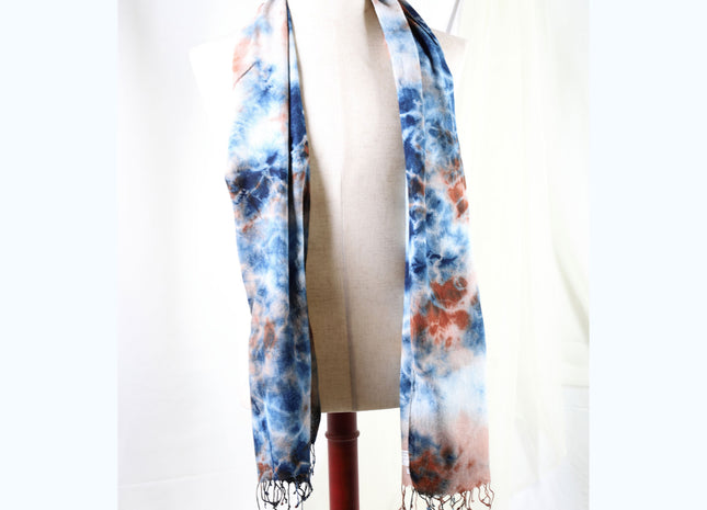 Amami Mud & Indigo Tie-Dyed Cotton-Linen Stole / Scarf with Fringe - Blue, Terracotta & White (50 x 170 cm)