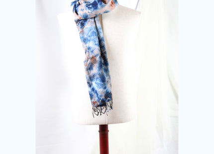 Amami Mud & Indigo Tie-Dyed Cotton-Linen Stole / Scarf with Fringe - Blue, Terracotta & White (50 x 170 cm)