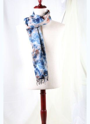 Amami Mud & Indigo Tie-Dyed Cotton-Linen Stole / Scarf with Fringe - Blue, Terracotta & White (50 x 170 cm)
