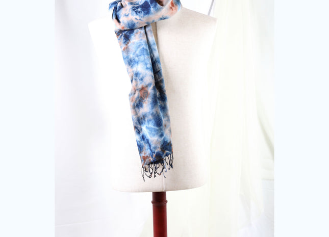 Amami Mud & Indigo Tie-Dyed Cotton-Linen Stole / Scarf with Fringe - Blue, Terracotta & White (50 x 170 cm)