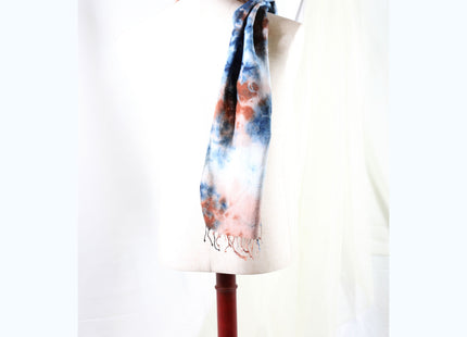 Amami Mud & Indigo Tie-Dyed Cotton-Linen Stole / Scarf with Fringe - Blue, Terracotta & White (50 x 170 cm)