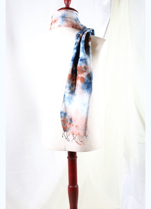 Amami Mud & Indigo Tie-Dyed Cotton-Linen Stole / Scarf with Fringe - Blue, Terracotta & White (50 x 170 cm)