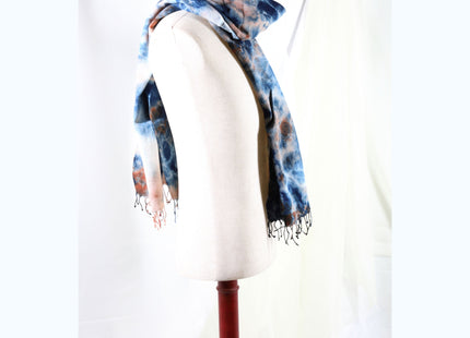 Amami Mud & Indigo Tie-Dyed Cotton-Linen Stole / Scarf with Fringe - Blue, Terracotta & White (50 x 170 cm)