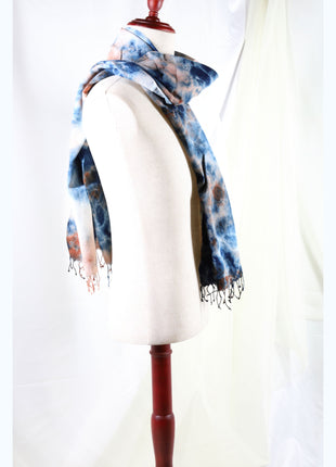 Amami Mud & Indigo Tie-Dyed Cotton-Linen Stole / Scarf with Fringe - Blue, Terracotta & White (50 x 170 cm)