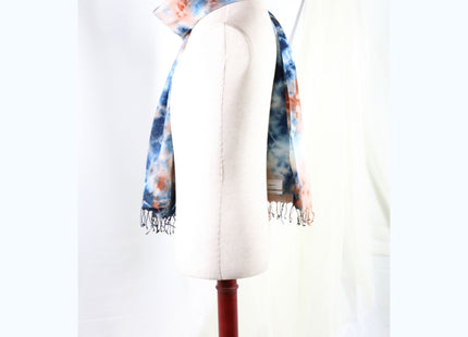 Amami Mud & Indigo Tie-Dyed Cotton-Linen Stole / Scarf with Fringe - Blue, Terracotta & White (50 x 170 cm)