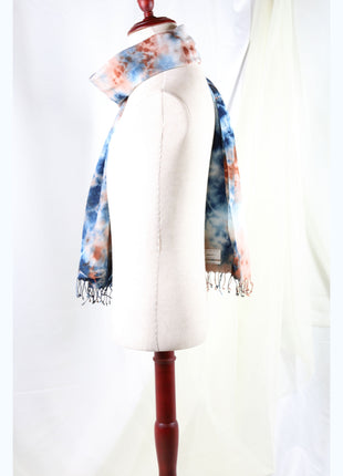 Amami Mud & Indigo Tie-Dyed Cotton-Linen Stole / Scarf with Fringe - Blue, Terracotta & White (50 x 170 cm)