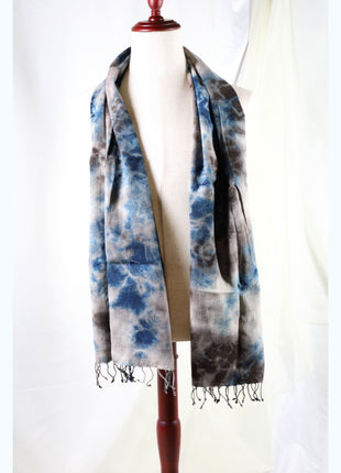 Amami Mud & Indigo Tie-Dyed Cotton-Linen Stole / Scarf with Fringe - Blue & Earth Grey (50 x 170 cm)