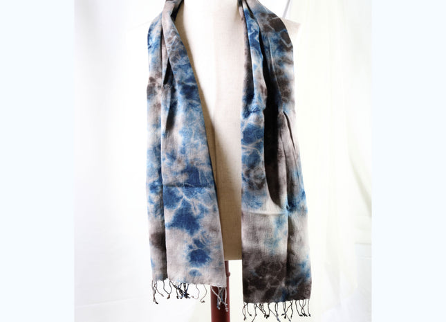 Amami Mud & Indigo Tie-Dyed Cotton-Linen Stole / Scarf with Fringe - Blue & Earth Grey (50 x 170 cm)