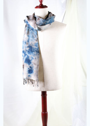 Amami Mud & Indigo Tie-Dyed Cotton-Linen Stole / Scarf with Fringe - Blue & Earth Grey (50 x 170 cm)