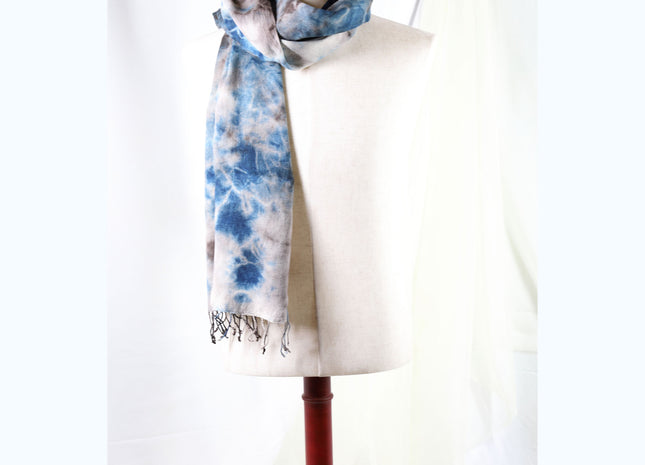 Amami Mud & Indigo Tie-Dyed Cotton-Linen Stole / Scarf with Fringe - Blue & Earth Grey (50 x 170 cm)