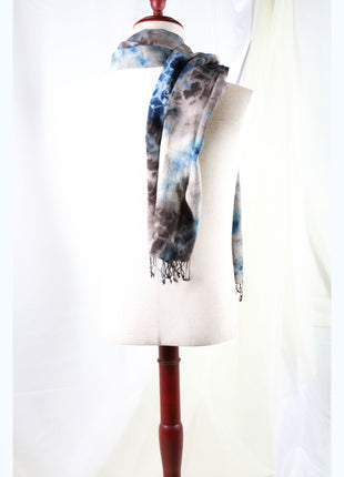 Amami Mud & Indigo Tie-Dyed Cotton-Linen Stole / Scarf with Fringe - Blue & Earth Grey (50 x 170 cm)