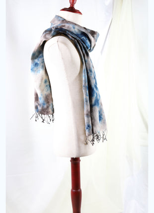 Amami Mud & Indigo Tie-Dyed Cotton-Linen Stole / Scarf with Fringe - Blue & Earth Grey (50 x 170 cm)