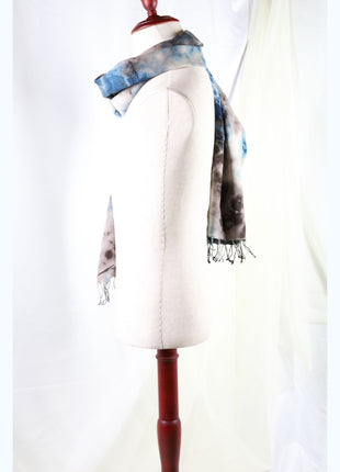 Amami Mud & Indigo Tie-Dyed Cotton-Linen Stole / Scarf with Fringe - Blue & Earth Grey (50 x 170 cm)