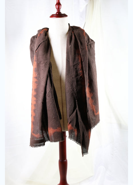Amami Mud Tie-Dyed Large Cotton Stole / Scarf - Ash Brown & Terracotta Accent (100 x 190 cm)