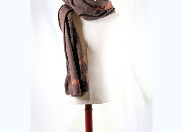 Amami Mud Tie-Dyed Large Cotton Stole / Scarf - Ash Brown & Terracotta Accent (100 x 190 cm)