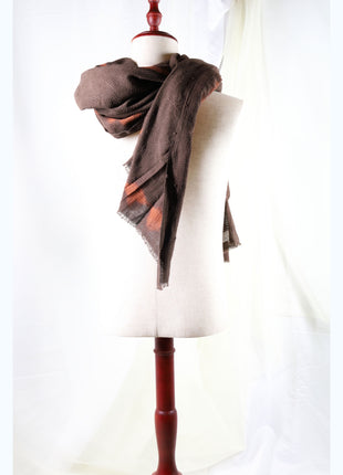 Amami Mud Tie-Dyed Large Cotton Stole / Scarf - Ash Brown & Terracotta Accent (100 x 190 cm)