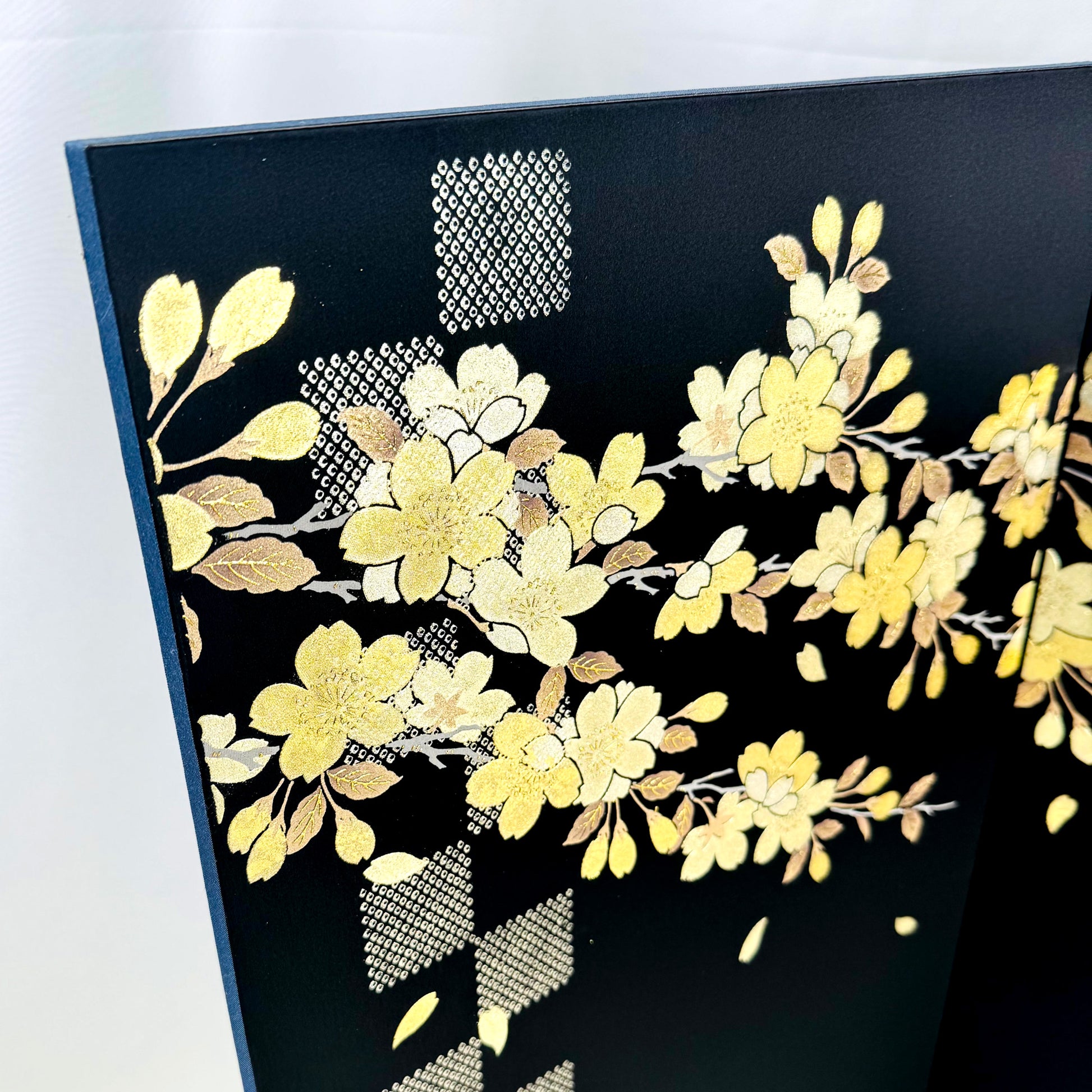 Byōbu Folding Screen with Sakura Blossom and Checkerboard Design 02