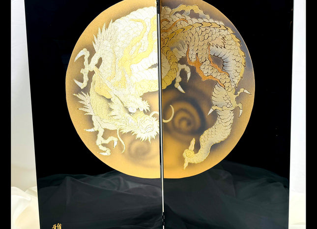 Gold Dragon Folding Screen by Gahō | Enamel Finish Two-Panel Byōbu 01